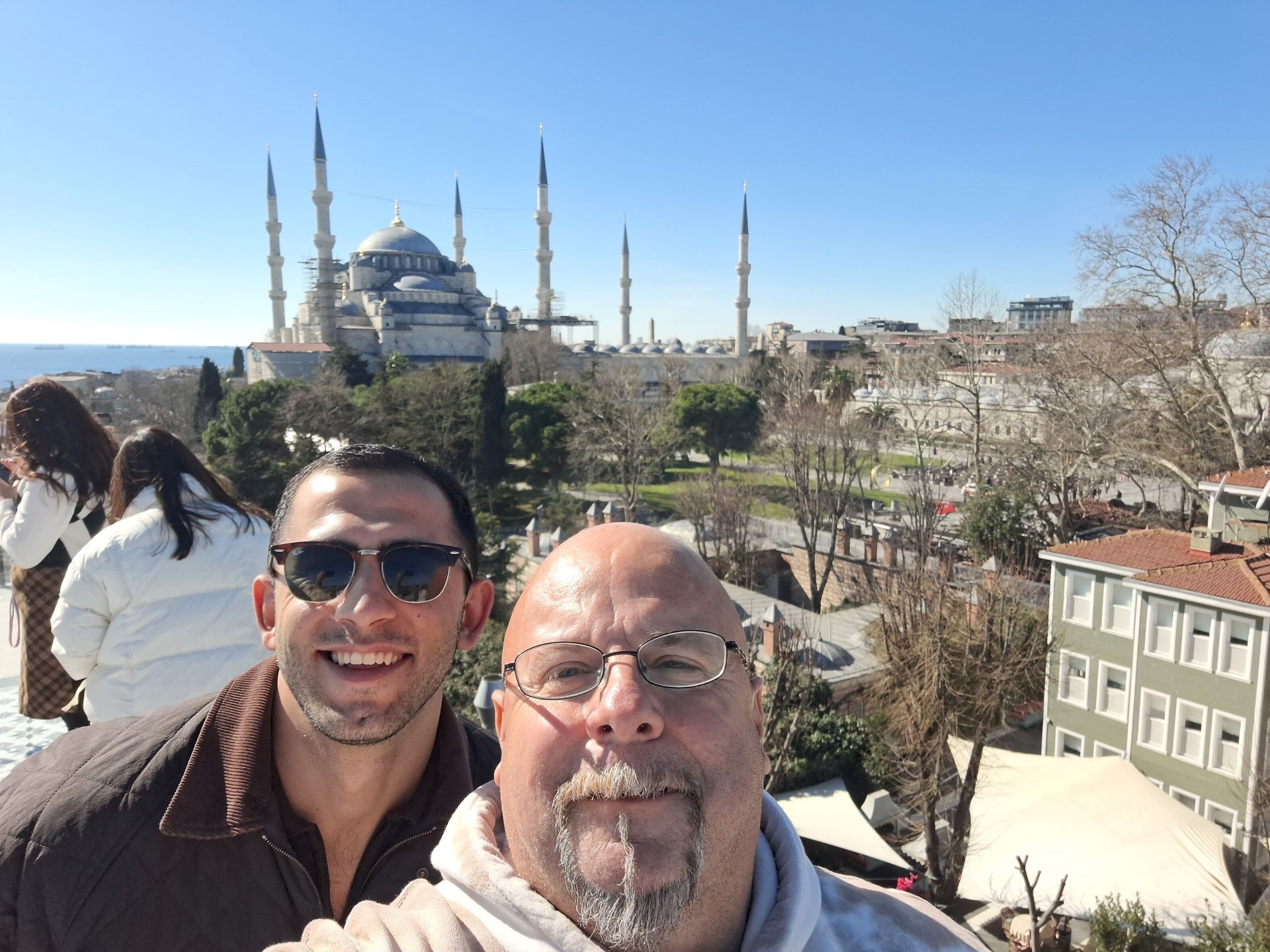 Berat with a guest overlooking the Blue Mosque
